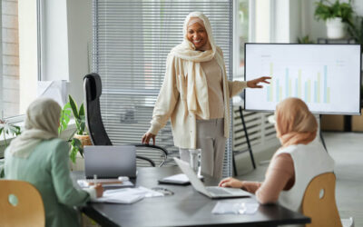Three women in headscarves having a meeting