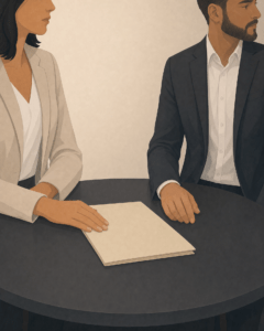 Illustration of two people seated at a round table with a document between them, representing a formal legal discussion about an estate or will.