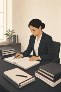 Illustration of a woman in a dark suit working through paperwork at a desk surrounded by stacked books and files, representing an executor administering an estate.