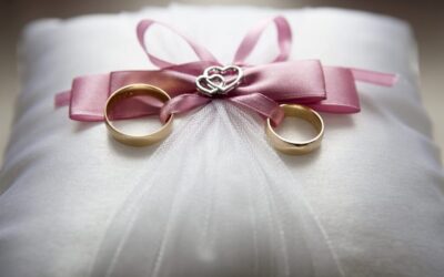 Two wedding rings on a pillow