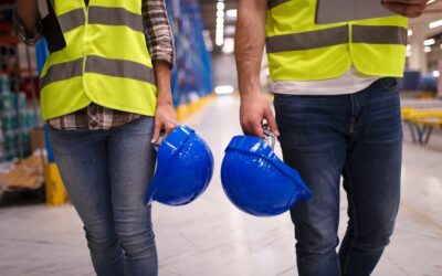 Two workers in hi vis vests holding hard hats