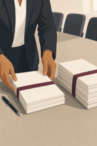 A solicitor arranges piles of documented evidence on a table before an unfair dismissal hearing.