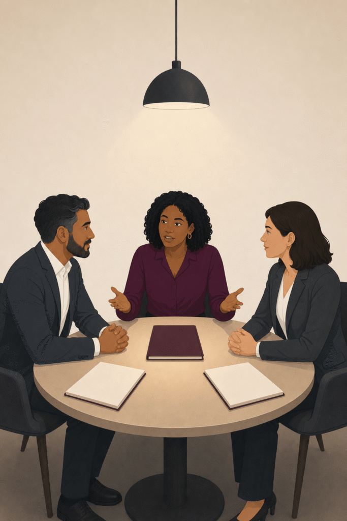A mediator sits at a table with two people in grey suits, with paperwork on the table and a lamp overhead.
