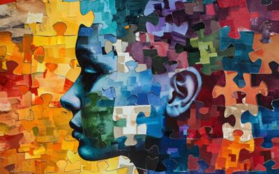 Multi coloured artwork of a female face side on made of jigsaw puzzles