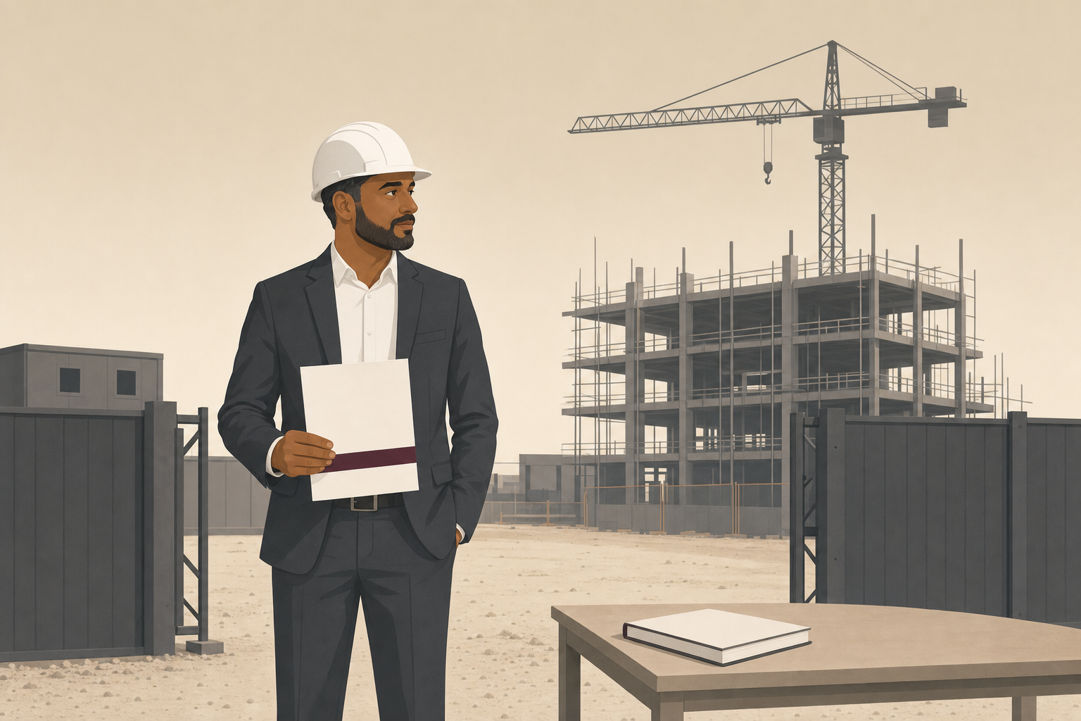Illustration of a construction professional holding a letter of intent on a building site with a partially completed development and tower crane in the background.