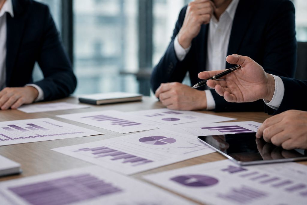 Business professionals sit around a table in a modern office reviewing printed charts and graphs in varying shades of purple, with a tablet and documents spread out, engaged in a focused discussion about restructuring plans.