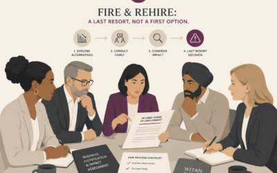 workplace consultation meeting about proposed changes to employment terms, with a diverse group of employees reviewing documents and discussing alternatives. An infographic above outlines the fair process for fire and rehire, emphasising consultation, impact assessment and using dismissal only as a last resort.