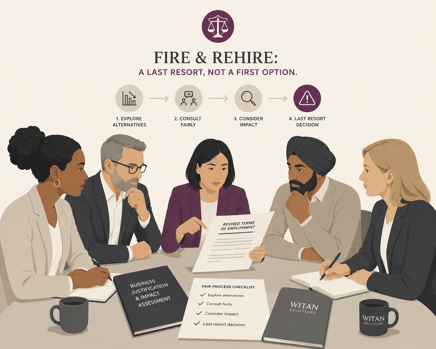 workplace consultation meeting about proposed changes to employment terms, with a diverse group of employees reviewing documents and discussing alternatives. An infographic above outlines the fair process for fire and rehire, emphasising consultation, impact assessment and using dismissal only as a last resort.
