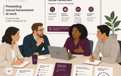 A Witan illustration showing workplace training session on preventing sexual harassment at work, with a diverse team discussing risk assessment, policies, training and prevention around a meeting table.