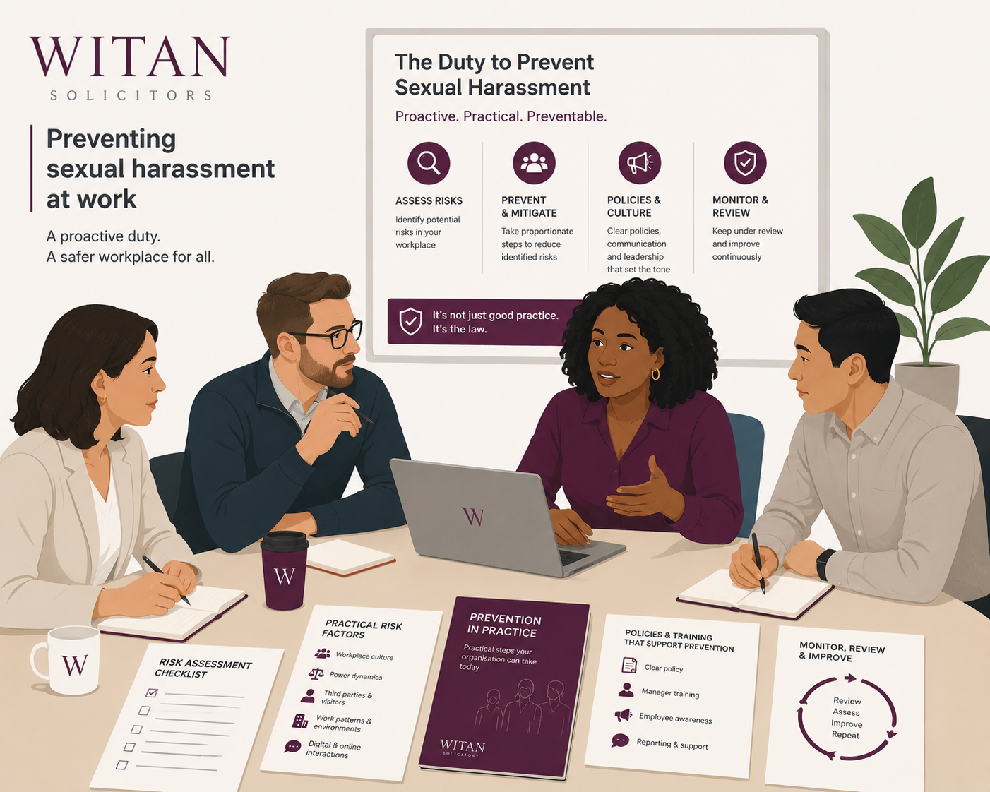 A Witan illustration showing workplace training session on preventing sexual harassment at work, with a diverse team discussing risk assessment, policies, training and prevention around a meeting table.