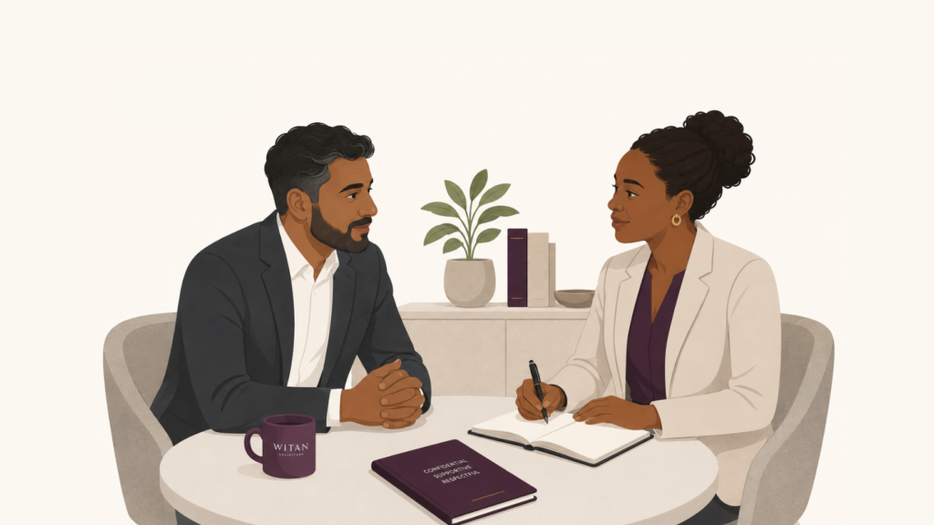 A Witan illustration showing two business people having a positive conversation about addressing work culture
