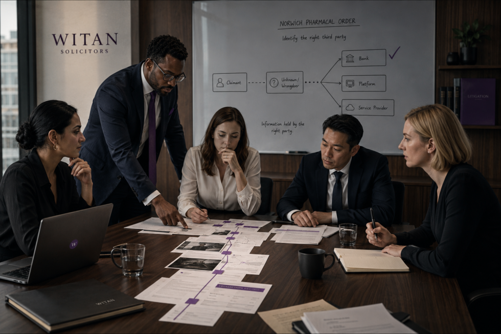 Team of solicitors reviewing evidence and legal documents during a strategy meeting in a modern boardroom. A whiteboard displays a Norwich Pharmacal Order process diagram, illustrating the identification of third parties in a complex litigation or disclosure case