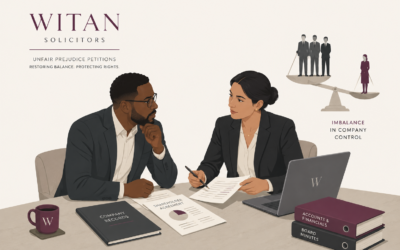 A Witan illustration of a solicitor advising a shareholder during a meeting about an unfair prejudice petition, with company records, shareholder agreements and financial documents on the table. A balanced scales graphic highlights an imbalance in company control, representing shareholder disputes and minority shareholder rights.