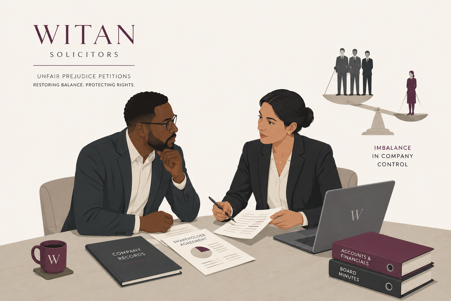A Witan illustration of a solicitor advising a shareholder during a meeting about an unfair prejudice petition, with company records, shareholder agreements and financial documents on the table. A balanced scales graphic highlights an imbalance in company control, representing shareholder disputes and minority shareholder rights.