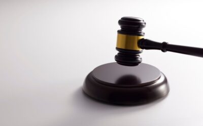 Close-up of a judge’s gavel resting on a sound block against a plain, neutral background.