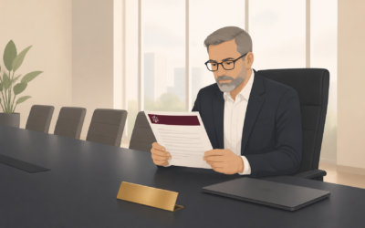 A Witan-branded graphic of Director Disqualification guide, depicting a businessman reviewing legal documents in a boardroom