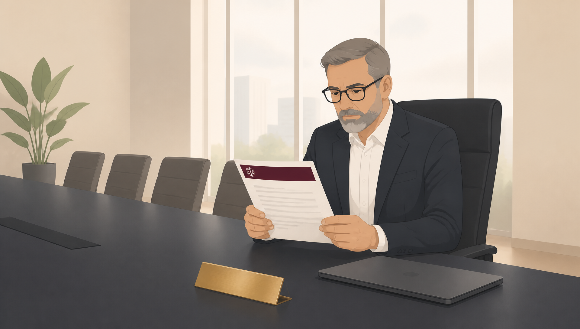 A Witan-branded graphic of Director Disqualification guide, depicting a businessman reviewing legal documents in a boardroom