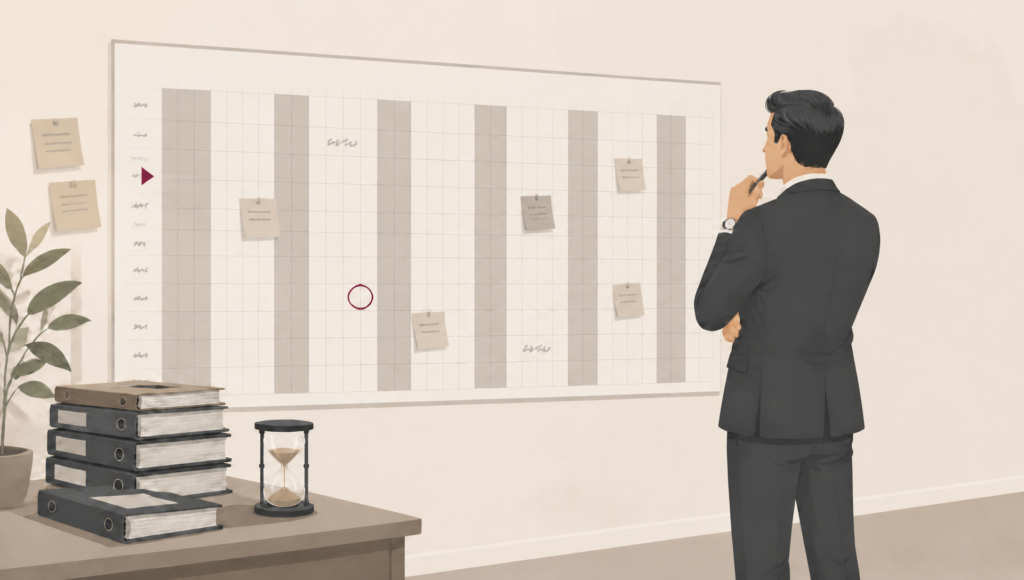 A Witan graphic showing a business professional reviewing a calendar to understand the costs and time pressures when challenging Director Disqualification