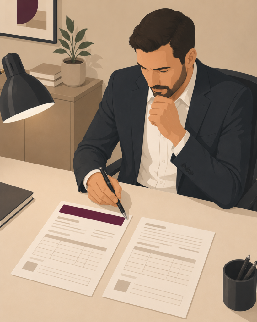 A Witan-branded graphic of Commercial Rent Arrears Recovery (CRAR) of a landlord sitting at a desk weighing two document forms laid side by side, choosing between recovering rent and forfeiting the lease.