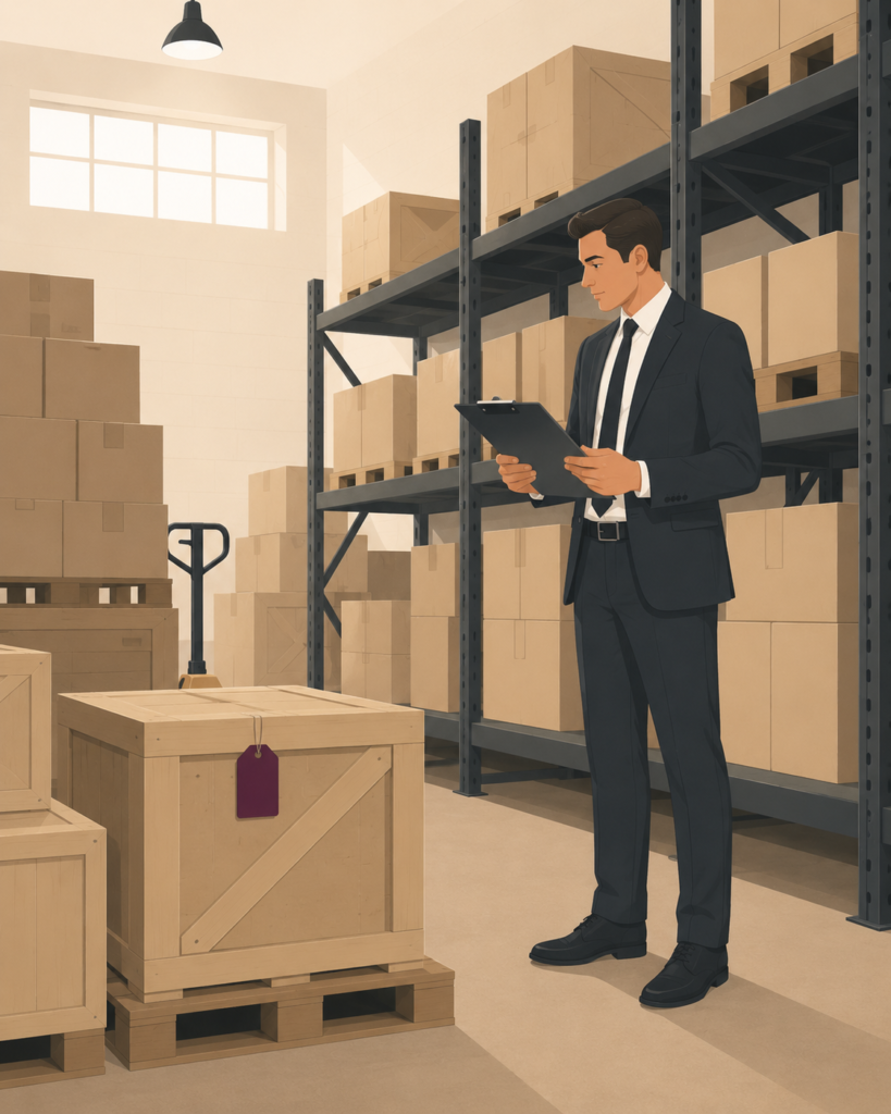 A Witan-branded graphic of Commercial Rent Arrears Recovery (CRAR) Guide, showing a certificated enforcement agent stands in a commercial stockroom, clipboard in hand, appraising rows of shelved boxes and a pallet of stacked goods.