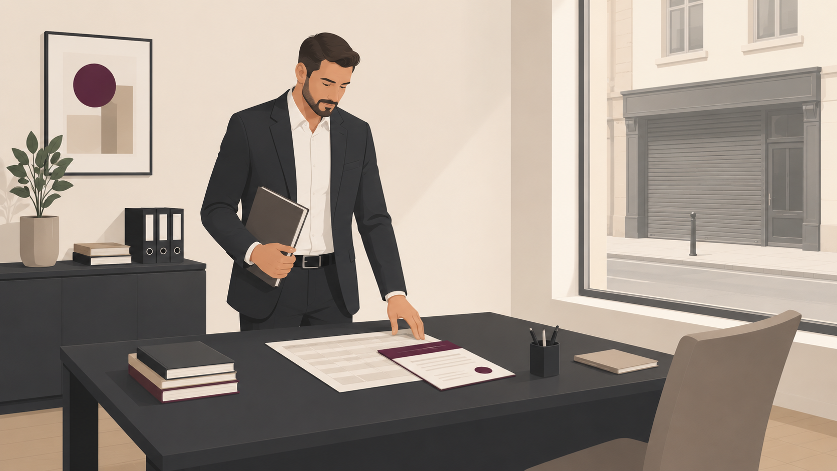 A Witan-branded graphic of Commercial Rent Arrears Recovery (CRAR) Guide, depicting a businessman reviewing documentation at a professional office