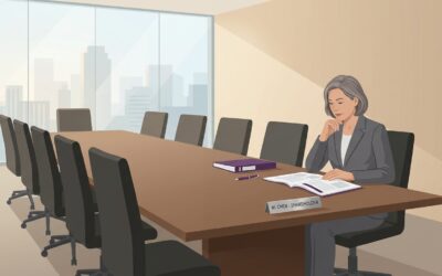 A shareholder in a grey suit, sitting in a sunlit boardroom reviewing company accounts and considering litigating director misconduct.