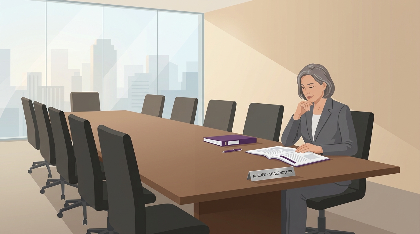 A shareholder in a grey suit, sitting in a sunlit boardroom reviewing company accounts and considering litigating director misconduct.