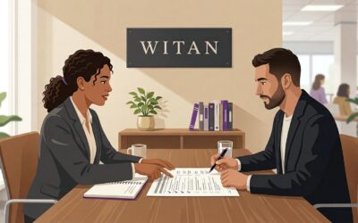 A Witan-branded graphic of Legal Risk Management, depicting two business people discussing in an office