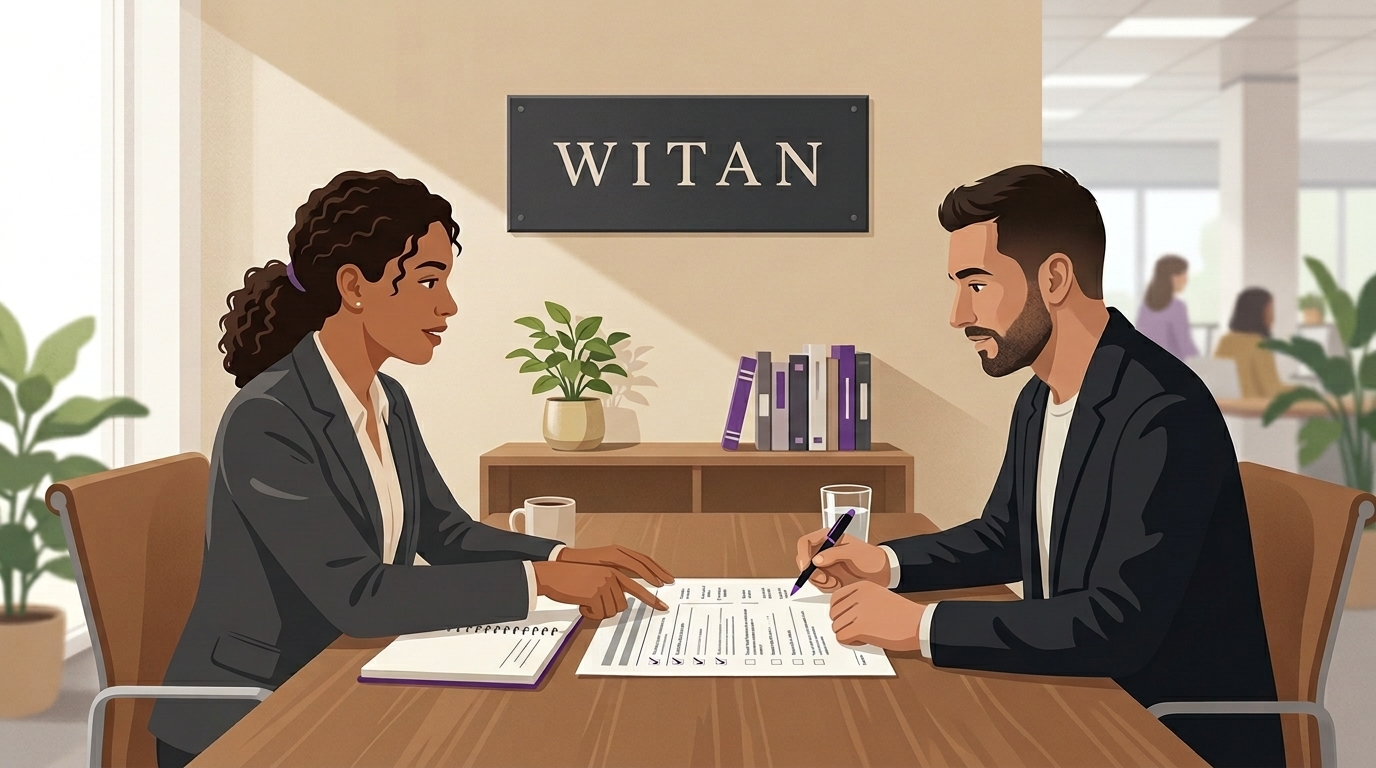 A Witan-branded graphic of Legal Risk Management, depicting two business people discussing in an office