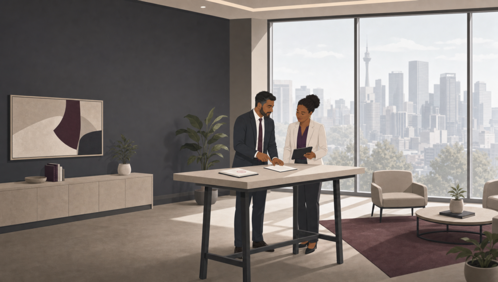 A Witan graphic for Strike Out Applications, depicting two business professionals in a modern office reviewing the procedure for Strike Out Applications