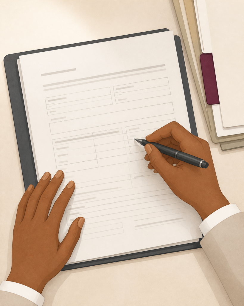 Illustration of a person completing an application form to ask the court to set aside a default judgment, representing the process of requesting that a County Court Judgment be reopened for reconsideration.