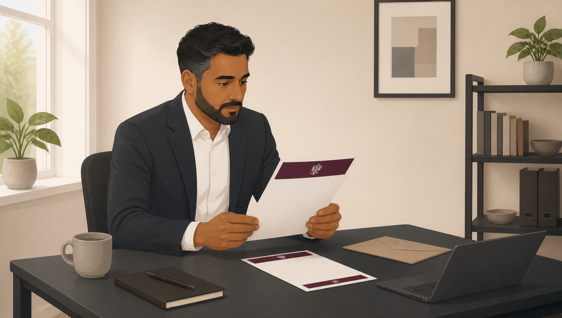 A Witan illustration of a person reviewing court documents at a desk before a hearing, representing preparation for an application to set aside a default judgment by gathering evidence and supporting information.