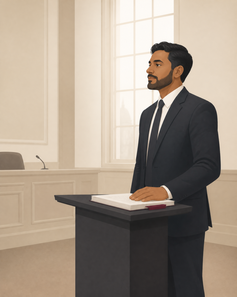 Illustration of a defendant standing at a courtroom lectern with court papers, representing a default judgment hearing where the court considers whether a judgment should remain in place or be set aside.