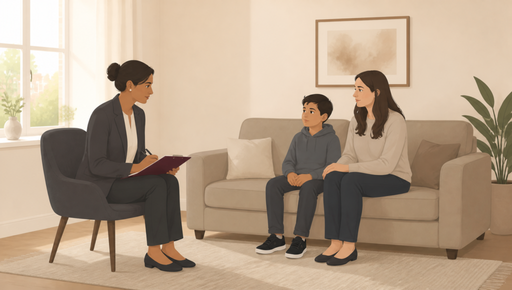 Illustration of a Cafcass officer reviewing a child welfare checklist alongside a child's drawing of their family home, representing the assessment of a child's best interests during family court proceedings.