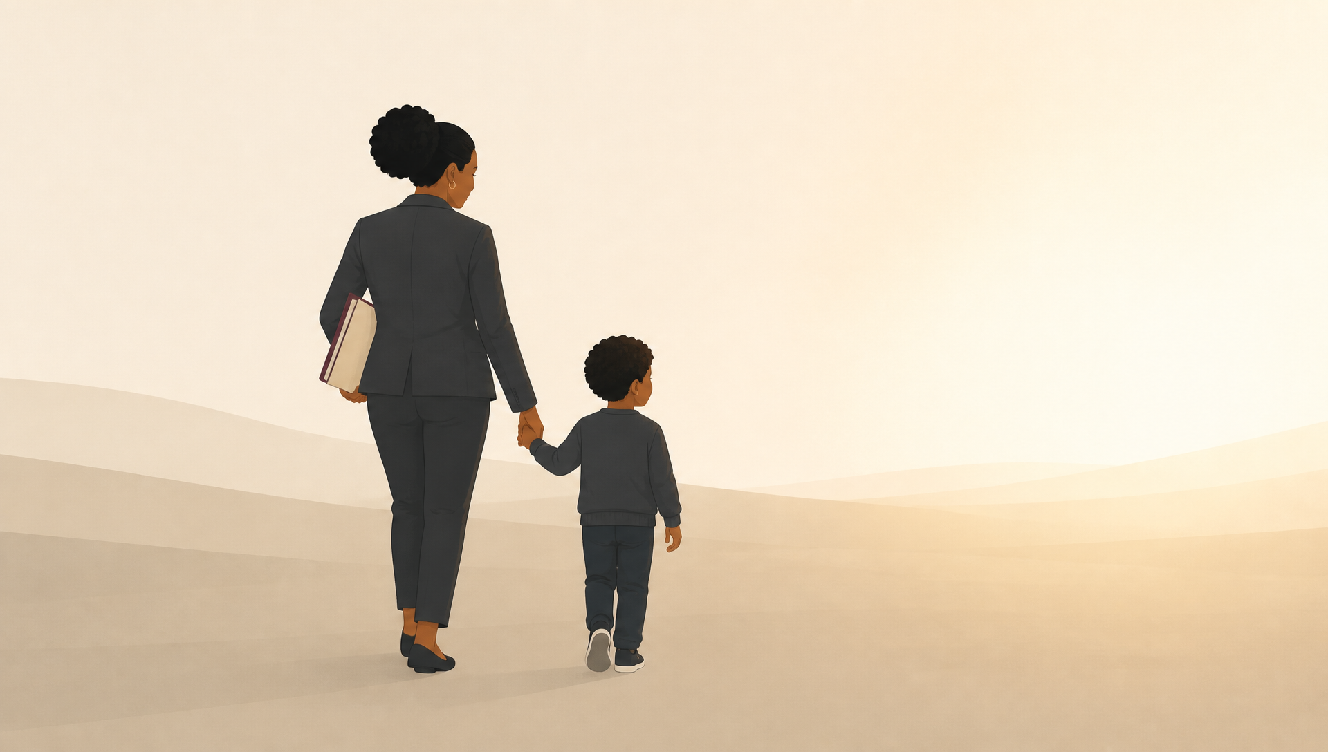 Illustration of a parent and child walking hand in hand with a family law solicitor, representing the court's focus on protecting the child's welfare and ensuring decisions are made in their best interests.