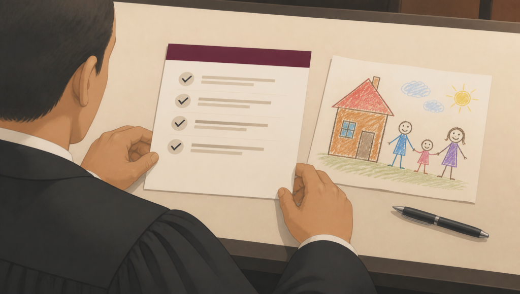 Illustration of a Cafcass officer reviewing a child welfare checklist alongside a child's drawing of their family home, representing the assessment of a child's best interests during family court proceedings