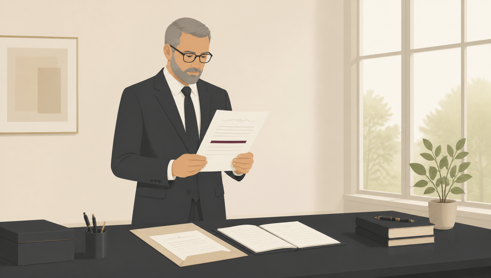 Illustration of a solicitor reviewing a will and supporting documents in an office before advising on a will rectification claim to correct drafting errors.