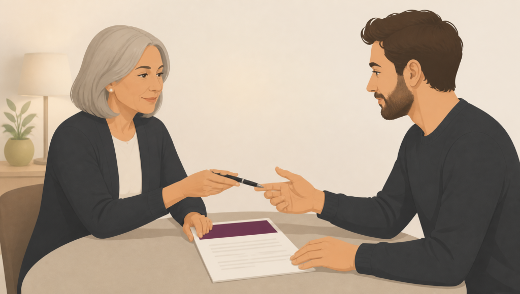 Illustration of a solicitor handing a corrected legal document to a client, representing the process of rectifying a will through legal advice and formal application to the court.