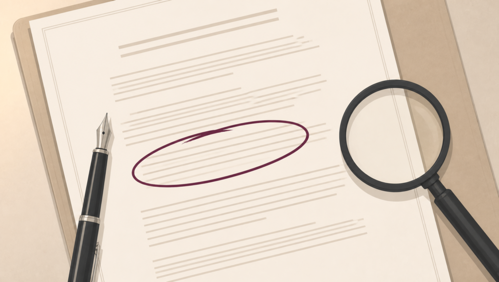 Close-up illustration of a will with a disputed clause highlighted beside a magnifying glass and fountain pen, representing the review of drafting mistakes and clerical errors in a will.