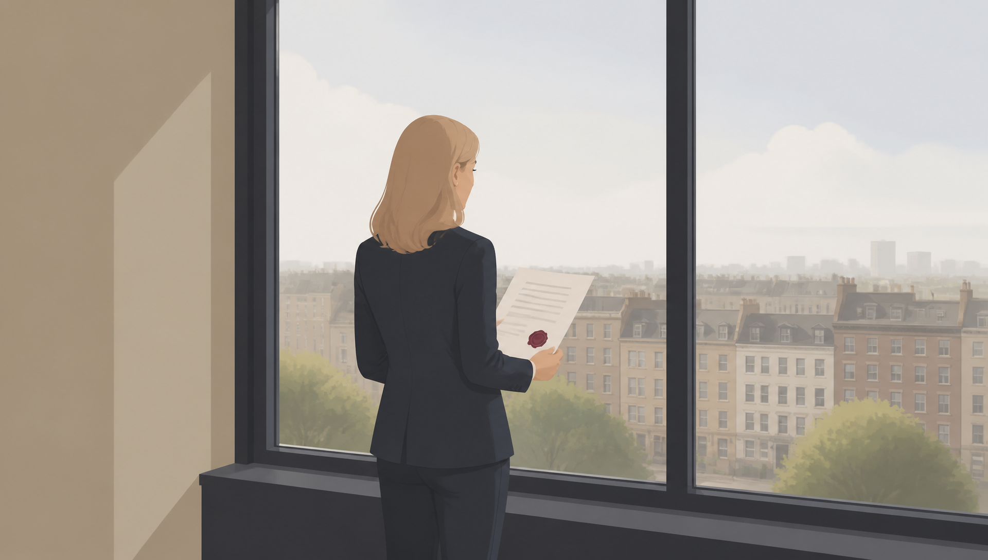 A Witan illustration of a person standing in front of a large office window holding a sealed court judgment, representing the enforcement of a County Court Judgment or High Court judgment after a successful legal claim.