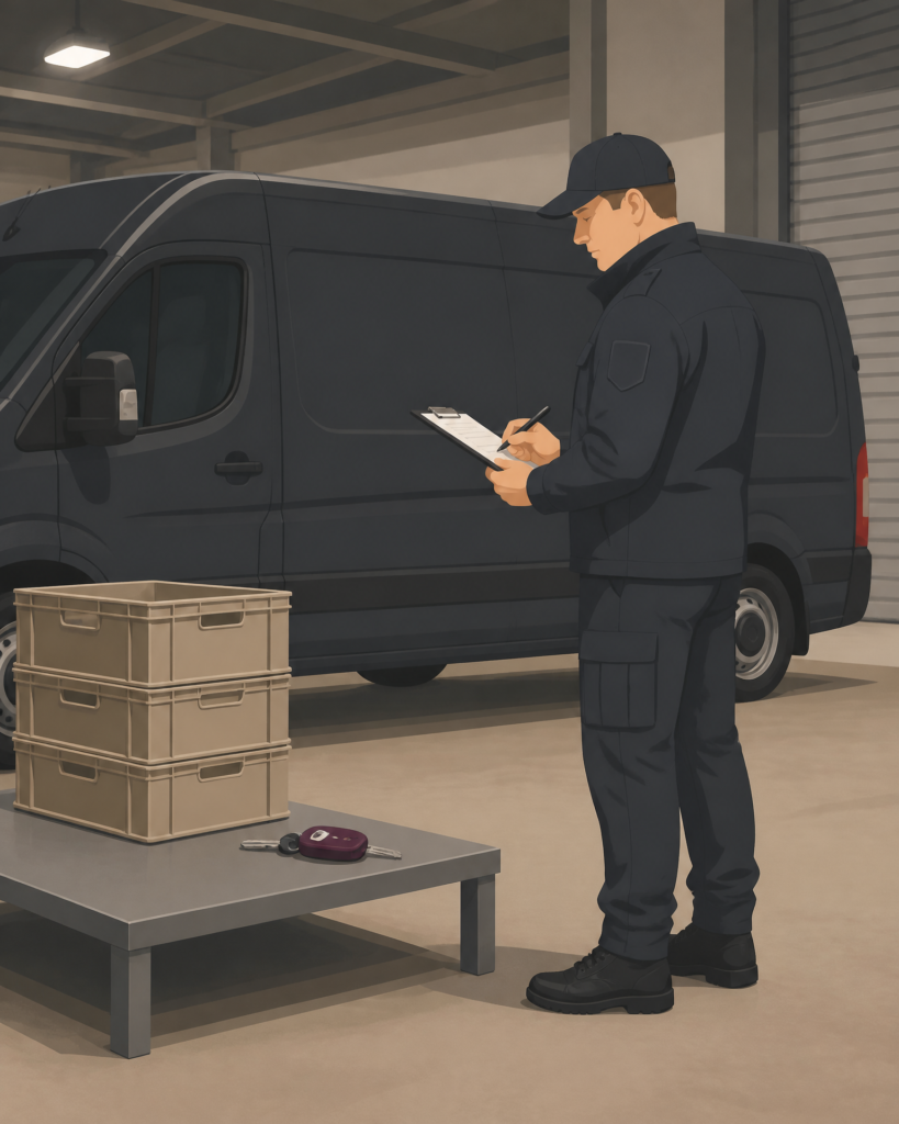 A Witan illustration of an enforcement agent completing an inventory beside a commercial van and boxed goods, representing a Writ of Control where certificated enforcement agents attend premises to seize goods to satisfy an unpaid judgment.