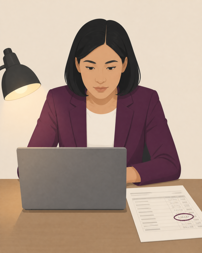A Witan illustration of a professional reviewing financial documents on a laptop with a highlighted account balance, representing a Third Party Debt Order used to recover money owed directly from a debtor's bank account.