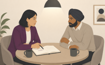 A Witan illustration graphic of two people discussing in a modern office space