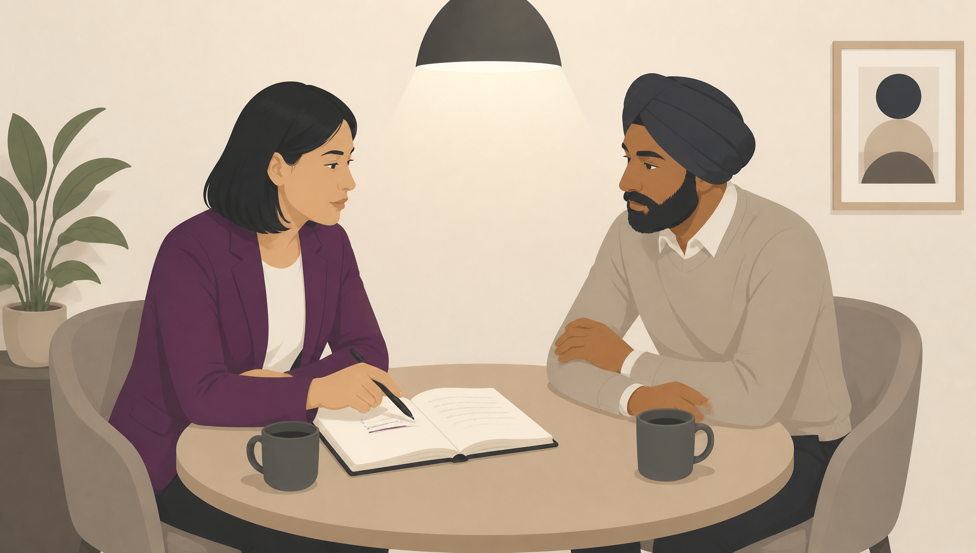 A Witan illustration graphic of two people discussing in a modern office space