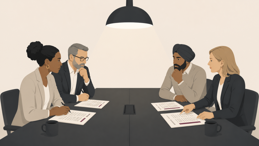 A Witan illustration of two pairs of people seated opposite each other at a meeting table with documents in front of them, representing a formal legal negotiation or costs discussion.