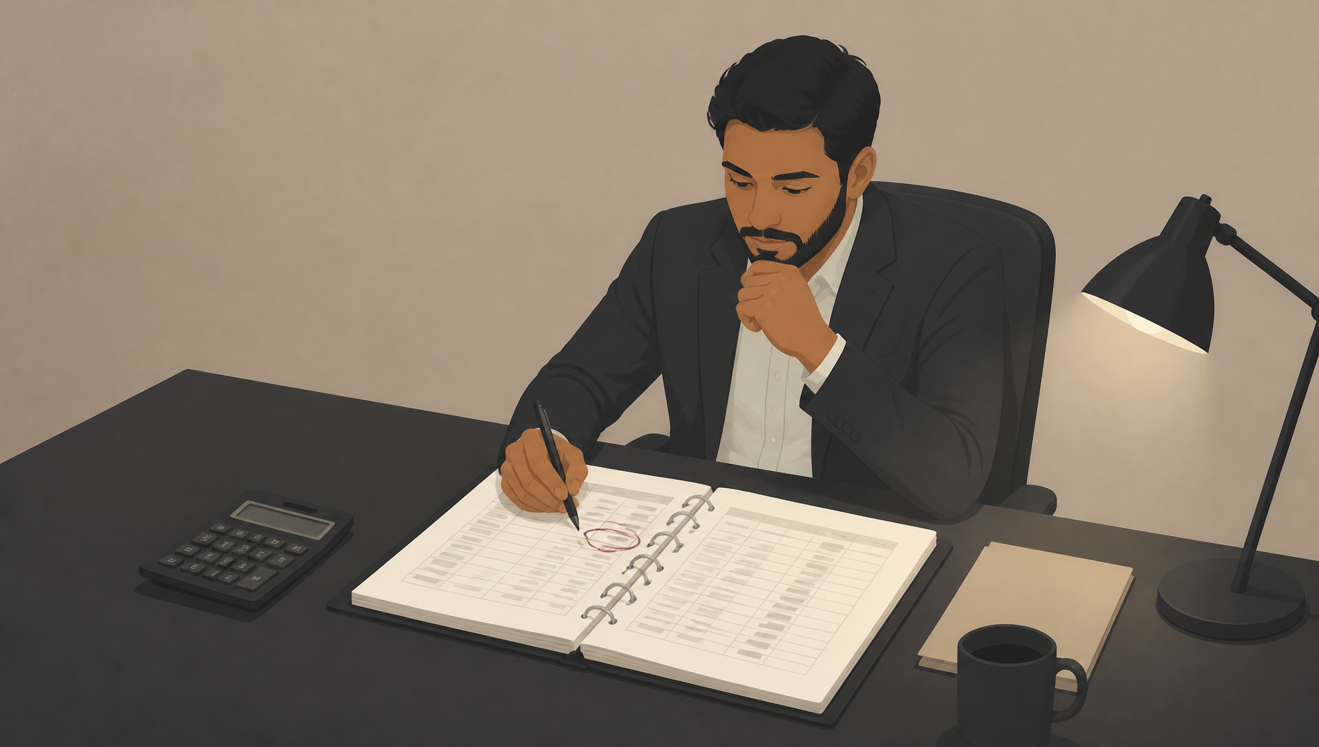 A Witan illustration of a man in a suit reviewing a detailed financial ledger at a desk, with a calculator and desk lamp beside him, representing litigation cost management and budgeting.
