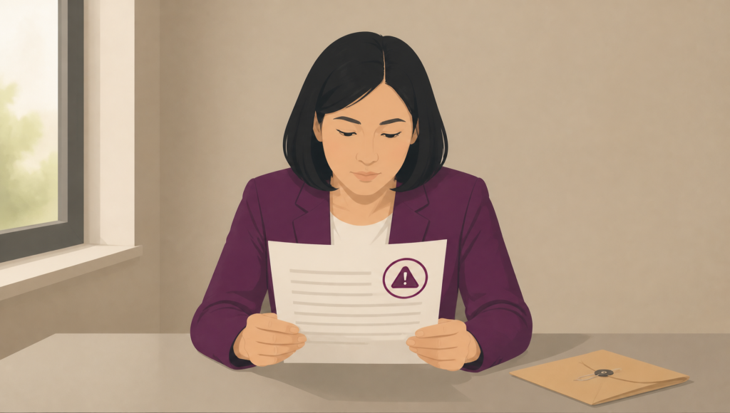 A Witan illustration of a woman in a purple blazer reading a formal letter bearing a warning symbol, with an envelope on the table beside her, representing receipt of a Part 36 settlement offer.