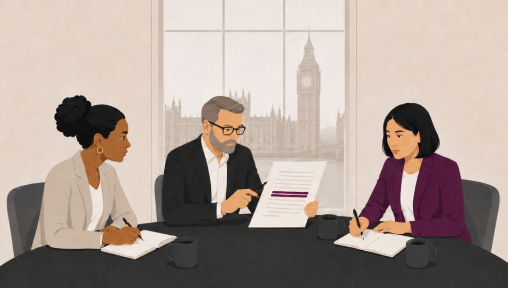 Illustration of a legal team advising on declaratory relief during a meeting, with the Houses of Parliament visible in the background.