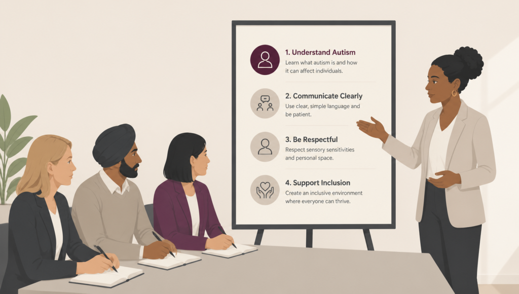 A Witan illustration of a trainer presenting a four-point autism awareness guide to a group of three colleagues seated at a table. The board lists: understand autism, communicate clearly, be respectful, and support inclusion.
