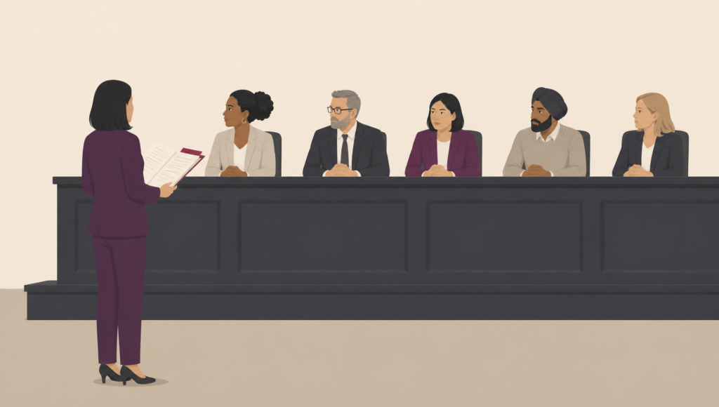 A Witan illustration of a woman in a purple suit addressing a panel of five people seated behind a formal bench, representing an employment tribunal hearing.
